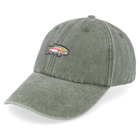 Skillfish - Tiny Rainbow Trout Fish Vintage Washed Olive Dad Cap Unconstructed Green Cap - @ Hatstore