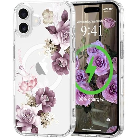 iPhone 16 Skal, MagSafe-kompatibelt, Genomskinligt Stötsäkert Silikonskal med Vackert Blomstermönster för iPhone 16