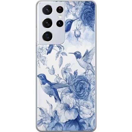 Kompatibelt Mobildeksel til Samsung Samsung Galaxy S21 Ultra 5G Fugler og blomster blå romantiskt mønster
