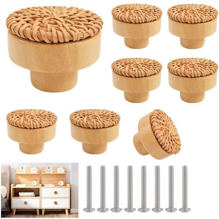 8 stk. skapknapper i tre og rotting, runde skuffehåndtak til skap