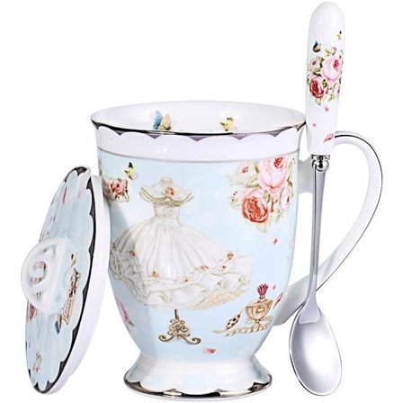 Tech Euro Style Porcelæn Te Kop Kaffe Krus med Låg til Morgenmad Hjem Køkken ((Rose og Kjole Mønster) (Blå))