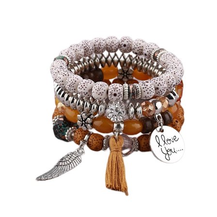 1PCS Bohemiska stapelbara pärlarmband, flerskiktat stretchigt tofsarmband flerfärgat smycke hänge berlocker armband för kvinnor flickor