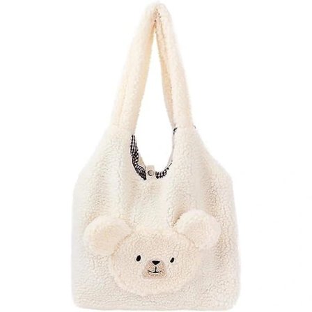 Damers hyggelige håndtaske, hvid, varm, fluffy mulepose, stor dametaske, plys, imiteret pels til college, arbejde, skole