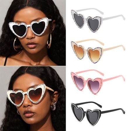 Diamond Love Heart Solglasögon för kvinnor Skinande solglasögon Retro Hip Hop Coola glasögon