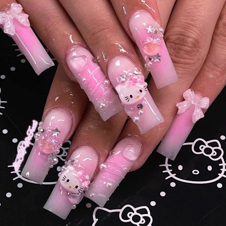 Tryk på negle lange, akryl stick på negle, 24 stk nude pink sort kiste design falske negle med lim klistermærke til kvinder og piger Fashion Nail Tips