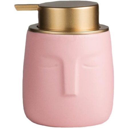 Unik Moderne Sæbedispenser, Ansigtsform Keramisk Flaske med Rustfri Guld Mat Pumpe, Badeværelse eller Køkken Dekorativ Lotiondispenser (Pink)
