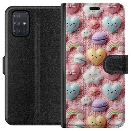 Kompatibelt Lommeboketui til Samsung Galaxy A71 Pastellmotiv med hjerter, skyer, regnbuer og makroner mot rosa bakgrunn i en søt drømmende stil.