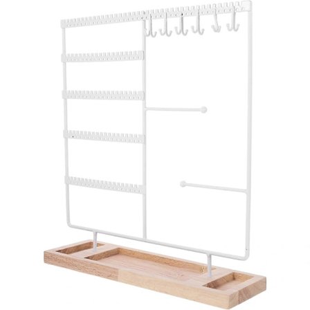 Smykkeholder til skrivebord, jernkunst organizer, smykkestativ med træbase