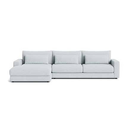 Sevilla Chaiselongue-Sofa, links, Aragon Kristallblau, modern, 332cm Breite, bequeme No-Zag-Federn, einfarbig, großzügiges Design für Komfort.