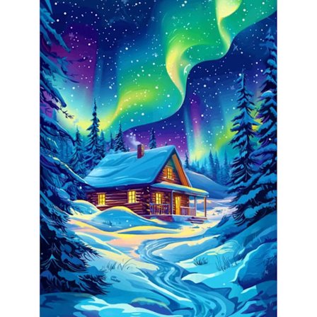 Diamond Art Kits för vuxna Aurora, 5D Stjärnlandskap Diamantmålningskit för nybörjare, DIY Stuga Full Runda Prickar Borrkonst för Gåva Hem Väggdekor