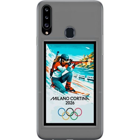 Kompatibelt Mobildeksel til Samsung Galaxy A20s Retroplakat Cortina Milano 2026 med fjell, vintersportsutøvere, italienske trikolor, Milano-katedralen