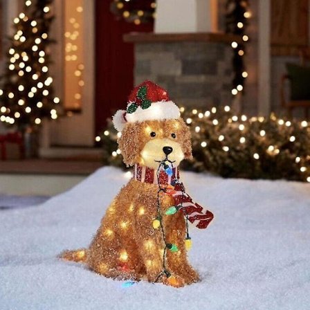 2D Lysende Jule-Golden Doodle Hund, Fluffy Doodle Hund Med Lysstreng Juleakryl Udendørs Græs Ornament