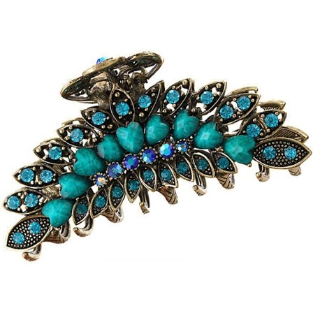 Dame Retro Blomster Hårklype Vintage Legering Rhinestone Sklisikker Hårklemme Hårnål Stor Hår Oppsett Grep Bade Tilbehør Blå Blue 4in