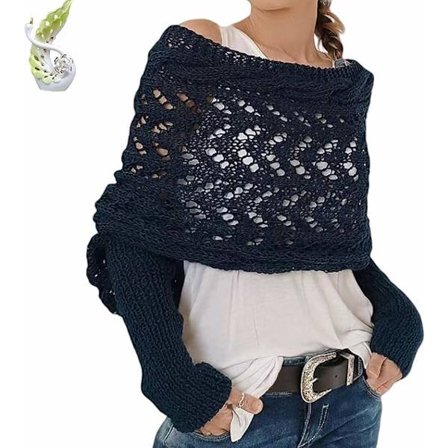 2 stk. Sort Strikket Kabel Slå-om Sjal med Ærmer, Multifunktionelt Tørklæde