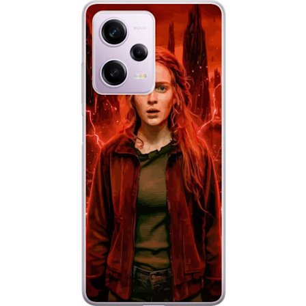 Kompatibelt Mobilskal till Xiaomi Redmi Note 12 Pro Porträtt av en ung kvinna med rött hår i en apokalyptisk landskap, röda blixtar och mörka kli