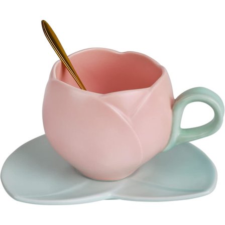 Keramisk kaffekop med underkopssæt, kreativt tulipanformet krus med unikt uregelmæssigt design til kontor og hjem, tåler opvaskemaskine og 