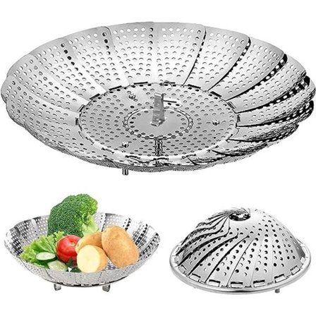 IC Dampkurv i rustfritt stål, sammenleggbar dampkurv for grønnsaker, lett justerbar til ulike gryter og kjeler, for mat og dampende grønnsaker