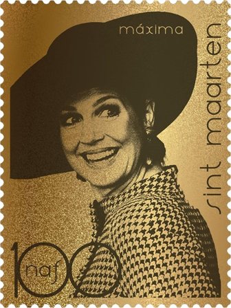 Sint Maarten - Dronning Maxima ægte guld - Postfrisk frimærke i 24 karat guld indkapslet i skrin