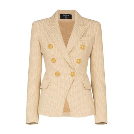 Balmain Monogram-Jacquard Double-Breasted Blazer , Beige , Dames , Maat: S