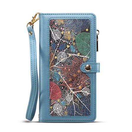 Etui til iPhone 14 blå håndstropp malt crossbody kortholder lommebok i lær anti-fall