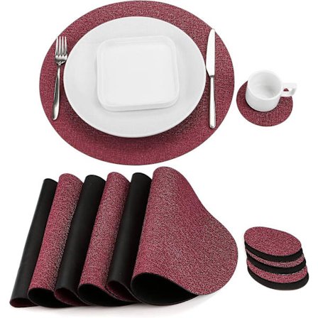 Bordeaux Sorte Runde Dækkeservietter Sæt af 6 - Vendbare, Dobbeltsidede