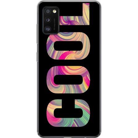 Kompatibelt Mobildeksel til Samsung Samsung Galaxy A41 Modern typografisk kunst med ordet LOVE i flytende regnbuefarger mot svart bakgrunn med sterk v