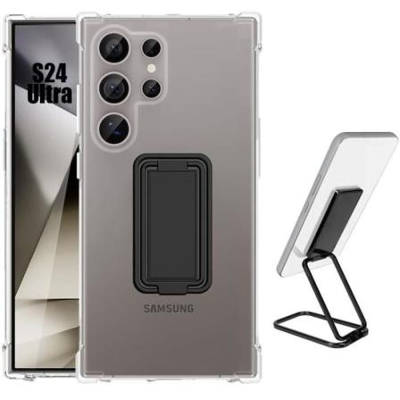 Cover til Samsung Galaxy S24 Ultra, stødsikker gennemsigtig silikone med sort metal foldbart stativ