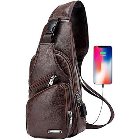 Män Sling Bag Liten Läder Obalans Bröst Axel Crossbody Bag med USB Laddningsport