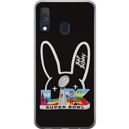 Kompatibelt Mobildeksel til Samsung Galaxy A40 Bad Bunny portrett med åpen skjorte, tatoveringer og krøllete hår i stilfull motefotografering