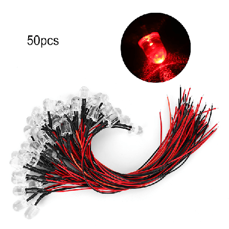 50 stk LED-dioder med fortinning, 12V, 10 mm runde, røde
