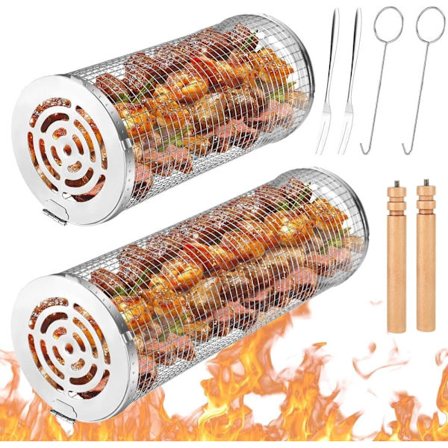 2-pak Grillkurv med træhåndtag – BBQ-kurv i rustfrit stål til camping og have_TF_TF