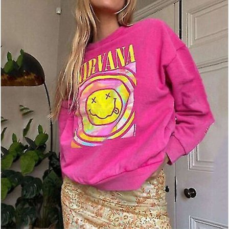 Nirvana Smiley Face Crewneck Sweatshirt Casual Hoodie Heliconia Color Casual Top
