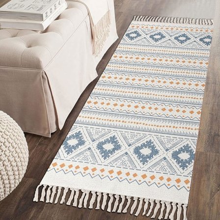 Tvättbar bomullsmatta, runner boho tofsmatta vintage 60x90 cm