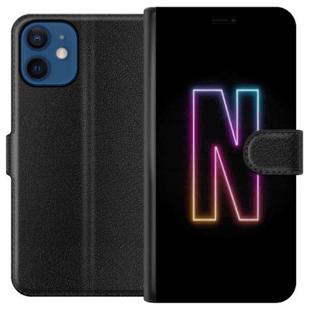 Kompatibelt Lommeboketui til Apple Apple iPhone 12 Minimalistisk neonbokstav N i fargeskiftende lys mot svart bakgrunn