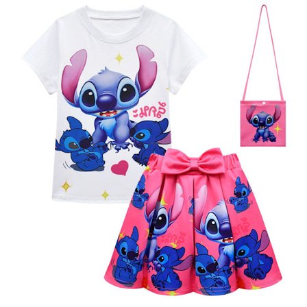 Lilo & Stitch Print T-shirt Plisseret Nederdel Taske Sæt Børn Piger Festkjole Sæt