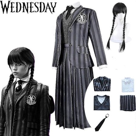 Wednesday Addams Deluxe Skoleuniform Outfit Cosplay Maskerade Kostume Kvinder Halloween Karneval Party Vintage Rollespil Kostume - Paryk One Size