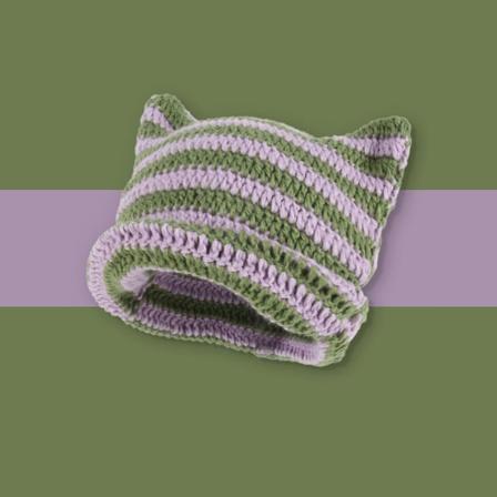 Stribet Beanie With Cat Ear Damer Kontrast Søde Djævelhorn Hat Piger Håndlavet Hæklet Vinter Varm Ski Cap Til Halloween Gave
