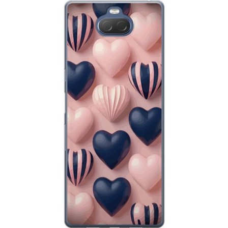 Kompatibelt Mobildeksel til Sony Xperia 10 Plus Myke tredimensjonale hjerter i rosa og marineblå toner i et romantisk mønster