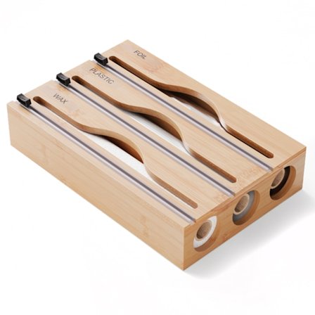 Pakkeuddeler med Cutter og Etiketter, Køkken Skuffe Folie og Plastik Pakke Organizer, Kompatibel med 12" Ruller (3-i-1, Stil som Afbildet 1)