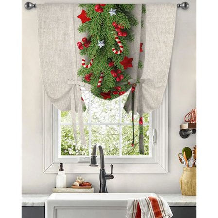 Christmas Tree Pine Needles Candy Bow Window Curtain Tie Up Curtains for Kitchen Living Room Adjustable Rod Pocket Drapes