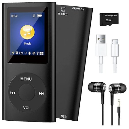 Mp3-spiller med Bluetooth 5.0 Musikkspiller med 32 GB TF-kort fm-øretelefon Bærbar Hifi-musikkavspilling