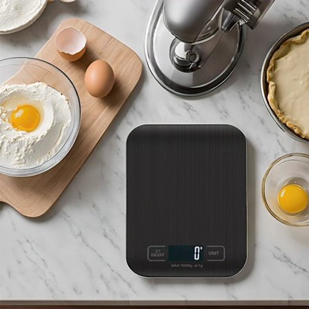 Digitaalinen keittiövaaka - 10 kg kapasiteetti, ladattava ruokavaaka taaraustoiminnolla, 5 yksikköä, kosketuspainikkeet ja taustavalaistu LCD-näyttö