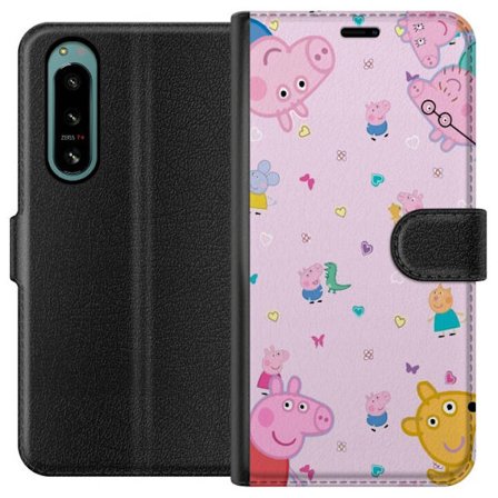 Kompatibelt Lommeboketui til Sony Xperia 5 IV Peppa Gris med en baby i armene, mamma gris motiv i fargerik og myk barneillustrasjon med hjerter