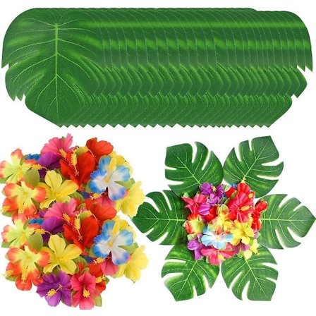 90 stycken Tropiska festdekorationer Tillbehör Hawaii konstgjorda tropiska palmblad Hibiskusblommor Safarilövdekorationer för Hawaiian Luau Be