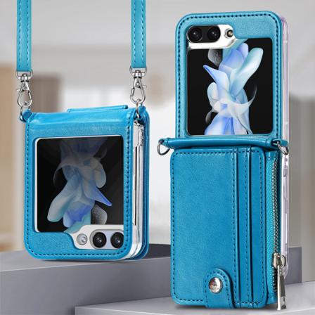 Samsung Galaxy Z Flip 5 - Plånboksfodral i Retrostil av PU-Läder med Korthållare och Halskedja Marine blue
