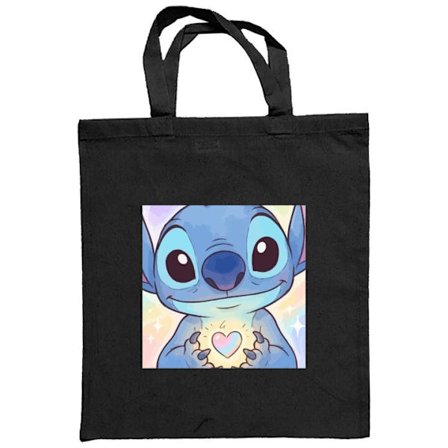 Stofpose Sød blå fantasifigur med store glinsende øjne, der holder et skinnende hjerte mod en regnbuebaggrund i blød kawaii-stil.