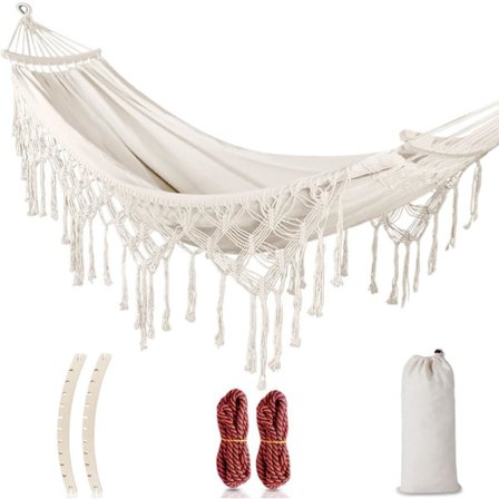 Hængekøje til haven med frynser, holdbar lærredsstof, boheme-stil med tykt reb og bæretaske