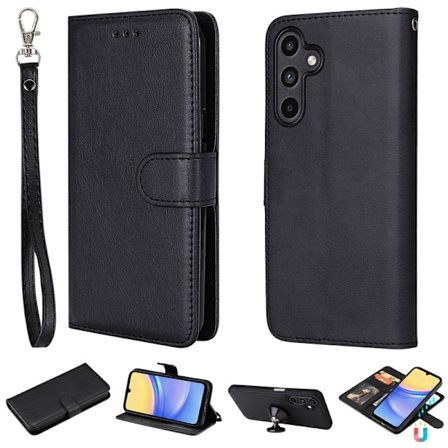 Fodral för iPhone15 svart bilmagnetisk 2 i 1 läder solid 2 1 kortplats