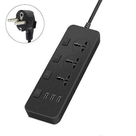 Us/uk/eu Grenuttag 5v2.1a Överspänningsskydd Med 3 Uttag & 3 Usb-portar