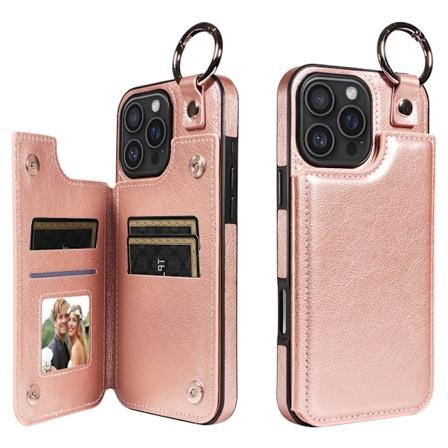 SKALO iPhone 16 Pro Max PU-Læder Kortholder Ring Cover - Rosa guld Pink gold
